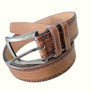 Mezlan Brown Leather Belt Brogue Perforated Patina Silver Buckle Spain